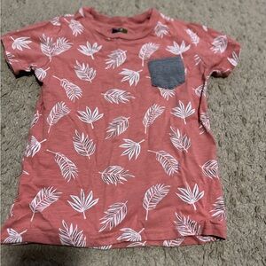 Boys' Coral Pink Leaf-Print Short Sleeve Tee with Contrast Pocket